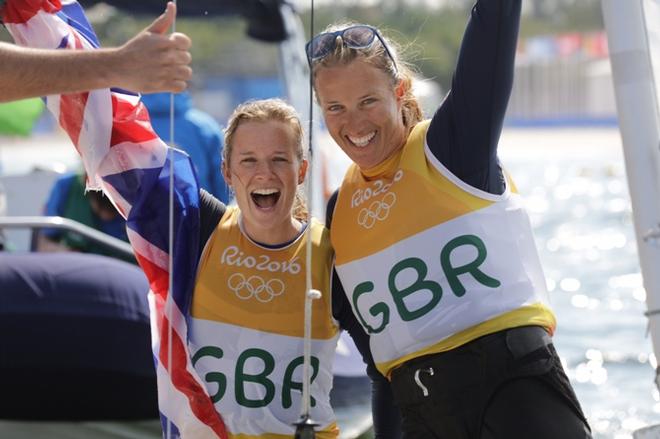 Hannah Mills and Saskia Clark (GBR) celebrate their victory in 470 Women – Rio 2016 Olympic Sailing Competition © Richard Langdon/British Sailing Team